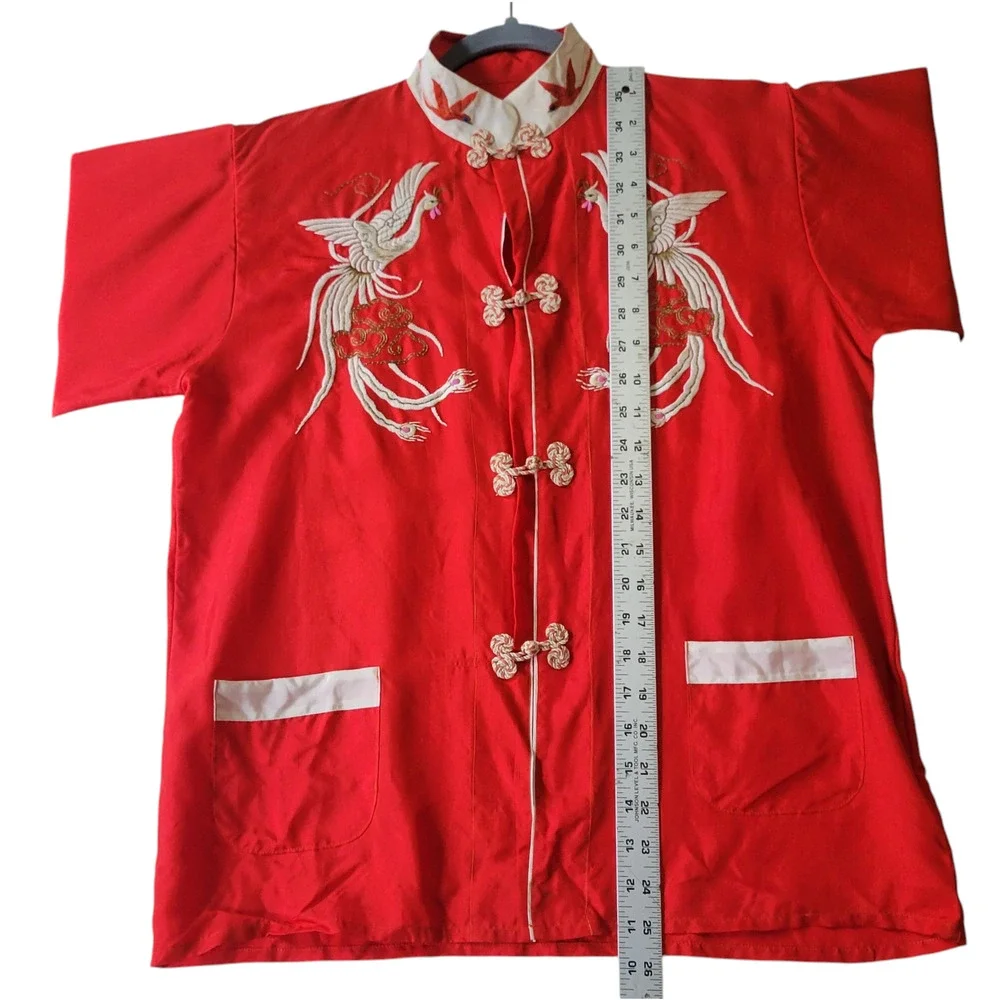 Vintage 1949 Japanese Crane Embroidered Silk Pajama Set Red M/L